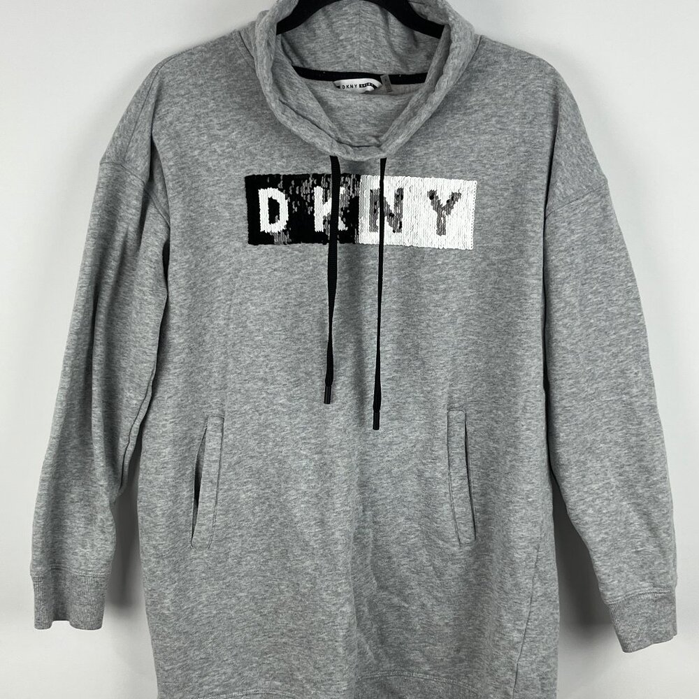DKNY Sport Sweater Sweatshirt Size S Relaxed Gray Long Sleeve Cowl Neck Stretch